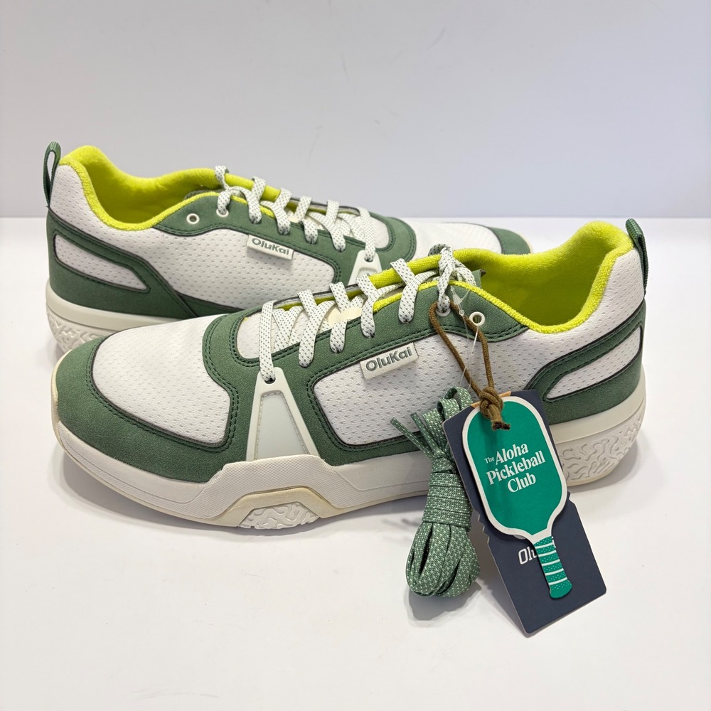 NEW OluKai Anau M Pickleball Shoes Mens 11 Bright White Leaf Green Court Sneaker